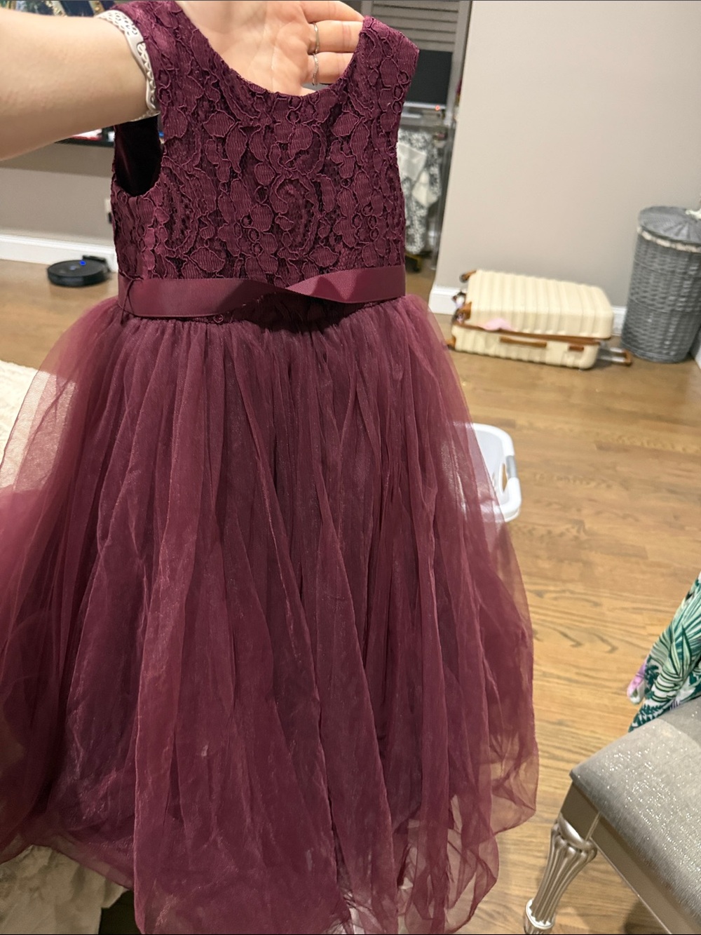 David's Bridal Girls' Wine Lace Bodice Tulle Dress